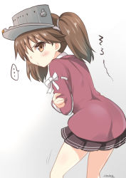 Rule 34 | ..., 10s, 1girl, absurdres, brown eyes, brown hair, commentary request, covering privates, covering chest, hair over one eye, hat, highres, kantai collection, ryuki (ryukisukune), ryuujou (kancolle), short hair, short twintails, skirt, solo, twintails