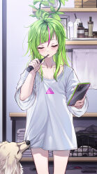 Rule 34 | 1girl, absurdres, ahoge, blush, brushing teeth, cellphone, closed eyes, curry bowl, delutaya, diagonal bangs, dog, electric toothbrush, feet out of frame, green hair, highres, holding, holding phone, indie virtual youtuber, indoors, long shirt, multicolored hair, phone, pink hair, shirt, shirt tug, sleeves past elbows, smartphone, solo, streaked hair, virtual youtuber, waking up, white shirt