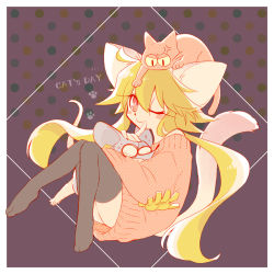 Rule 34 | 1girl, 2boys, animal ears, blush stickers, cat, cat tail, gloves, green hair, heart (mad rat dead), mad rat, mad rat dead, mouse (animal), mouse ears, mouse girl, mouse tail, multiple boys, nippon ichi, rat god, red eyes, tail, thighhighs, wrist cuffs