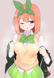 Rule 34 | 1girl, black jacket, blazer, blue eyes, blush, bow, breasts, brown background, collared shirt, commentary request, dress shirt, eyebrows hidden by hair, go-toubun no hanayome, green bow, green ribbon, green skirt, hair between eyes, hair ribbon, highres, jacket, kujou karasuma, large breasts, looking at viewer, nakano yotsuba, off shoulder, one eye closed, open clothes, open jacket, orange hair, parted lips, pleated skirt, ribbon, shirt, signature, simple background, skirt, solo, sweater vest, white shirt