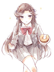 Rule 34 | 1girl, baumkuchen, blush, bow, bowtie, brown hair, cake, closed mouth, collared shirt, commentary request, crossed legs, feet out of frame, food, fork, grey jacket, grey skirt, hair bow, hair ornament, hands up, holding, holding fork, holding plate, invisible chair, jacket, light smile, long hair, long sleeves, looking at viewer, miniskirt, open clothes, open jacket, parted bangs, plate, pleated skirt, purple bow, purple eyes, red bow, red bowtie, school uniform, seishou music academy uniform, shirt, shirt tucked in, shoujo kageki revue starlight, sidelocks, simple background, sitting, skirt, solo, sparkle, tendou maya, very long hair, wato (ko), white background, white shirt, x hair ornament