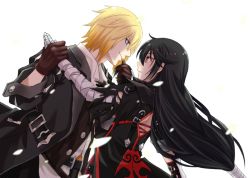 Rule 34 | 1boy, 1girl, bandaged arm, bandages, belt, black coat, black hair, blonde hair, blue eyes, brown gloves, closed mouth, coat, cowboy shot, eizen (tales), eye contact, gloves, holding another&#039;s wrist, long hair, looking at another, low-tied long hair, profile, saklo, simple background, smile, tales of (series), tales of berseria, velvet crowe, white background, yellow eyes