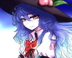Rule 34 | 1girl, blue hair, colored eyelashes, food, fruit, gradient background, hat, hinanawi tenshi, leaf, long hair, looking at viewer, messy hair, miata (miata8674), peach, puffy short sleeves, puffy sleeves, red eyes, ribbon, short sleeves, sketch, smile, solo, touhou, upper body