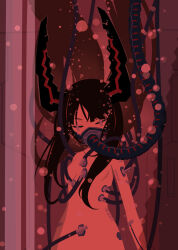Rule 34 | 1girl, 32zzz, arm tattoo, asymmetrical bangs, barcode, barcode tattoo, black gold saw, black hair, black rock shooter, black rock shooter: dawn fall, breasts, cable, closed eyes, convenient censoring, highres, horns, long hair, nude, oxygen mask, sidelocks, small breasts, solo, stasis tank, stomach tattoo, submerged, tattoo, vat