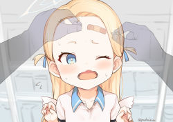 Rule 34 | 1girl, 1other, applying bandaid, bandaid, bandaid on face, bandaid on forehead, blonde hair, blue archive, blue eyes, collared shirt, flying sweatdrops, forehead, halo, jingai modoki, long hair, mini wings, monochrome background, one eye closed, open mouth, raised eyebrow, shirt, solo focus, sora (blue archive), twitter username, two side up, upper body, wings