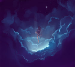 Rule 34 | 1girl, 3 degrees celsius, bad id, bad pixiv id, breasts, cloud, flying, large breasts, light, long hair, night, nude, sky, solo, star (sky), star (symbol), starry sky