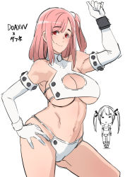 Rule 34 | 2girls, arm up, bare shoulders, breast envy, breasts, butcha-u, chibi, chibi inset, cleavage, cleavage cutout, clothing cutout, cosplay, dead or alive, dead or alive xtreme venus vacation, elbow gloves, female focus, gloves, halterneck, hand on own hip, highres, hikari to mizu no daphne, honoka (doa), large breasts, long hair, marie rose, medium breasts, medium hair, mizuki maia, mizuki maia (cosplay), multiple girls, navel, no bra, one side up, pink hair, red eyes, revealing clothes, simple background, small breasts, smile, solo focus, swept bangs, thick eyebrows, translated, twintails, underboob, white background, white gloves