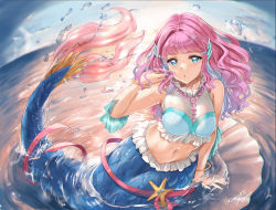 Rule 34 | 1girl, arm support, blue eyes, blue sky, bracelet, breasts, cloud, commentary request, day, fins, head fins, highres, jewelry, kamishiro ryuu, laura (precure), long hair, looking at viewer, medium breasts, mermaid, midriff, monster girl, nail polish, navel, ocean, partially submerged, pink hair, precure, sky, sleeveless, solo, tropical-rouge! precure, water, wet