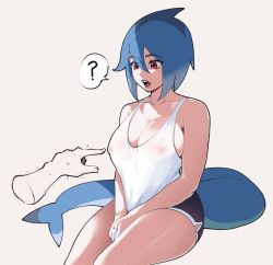 Rule 34 | 1girl, ?, black shorts, blue hair, borrowed character, breasts, cleavage, collarbone, covered erect nipples, fins, fish tail, hair between eyes, highres, large breasts, looking at viewer, mako (azuumori), nipples, nyantcha, open mouth, original, pointing, red eyes, see-through, shark fin, shark girl, shark tail, sharp teeth, shirt, short hair, shorts, simple background, sitting, tail, tank top, teeth, white background, white shirt