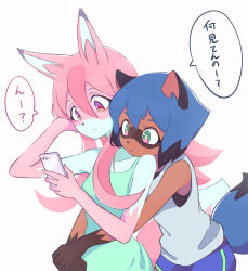 Rule 34 | 2girls, animal ears, blue hair, blue shorts, body fur, brand new animal, cellphone, commentary request, dolphin shorts, dress, fox ears, fox girl, fox tail, furry, furry female, green dress, green eyes, hair between eyes, highres, hiwatashi nazuna, holding, holding phone, hoyon, hug, hug from behind, kagemori michiru, long hair, looking at phone, multiple girls, phone, pink hair, raccoon ears, raccoon girl, raccoon tail, red eyes, shorts, simple background, speech bubble, tail, translated, white background