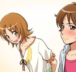 Rule 34 | 1boy, 1girl, :d, arms behind back, blush, bra, bra peek, breasts, brown eyes, brown hair, collarbone, collared shirt, downblouse, embarrassed, happinesscharge precure!, medium hair, ogry ching, oomori yuuko, open mouth, precure, sagara seiji, shirt, short hair, short sleeves, simple background, small breasts, smile, straight hair, underwear, white background, white shirt, wing collar