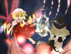 Rule 34 | 2girls, apron, ascot, bad id, bad pixiv id, blonde hair, bow, broom, comic, constricted pupils, dress, female focus, flandre scarlet, hammer (sunset beach), hat, kirisame marisa, laevatein, lights, magic circle, multiple girls, outstretched arm, pentagram, red eyes, short hair, silent comic, surprised, touhou, wings, witch, witch hat