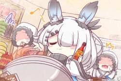 Rule 34 | 1girl, 2boys, animal ears, arknights, benizika, blush, bottle, chibi, closed eyes, closed mouth, commentary request, cooking, eighth note, faceless, faceless male, frostnova (arknights), fur-trimmed hood, fur trim, hair ornament, hair over one eye, hairclip, highres, holding, holding bottle, hood, hood up, hot sauce, multiple boys, musical note, rabbit ears, rabbit girl, shaded face, white hair