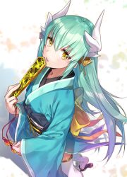 Rule 34 | 1girl, bad id, bad twitter id, blush, hand fan, fate/grand order, fate (series), folding fan, green hair, horns, japanese clothes, kimono, kiyohime (fate), long hair, looking at viewer, shirako miso, smile, solo, yellow eyes