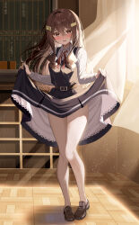 Rule 34 | 1girl, absurdres, bare legs, belt, black belt, black dress, blush, brown eyes, brown footwear, brown hair, classroom, clothes lift, collared shirt, dress, dress lift, full body, hair between eyes, hair ornament, highres, lifting own clothes, light particles, loafers, long hair, long sleeves, looking at viewer, neck ribbon, original, parted lips, pinafore dress, piyopoyo, red ribbon, ribbon, school uniform, shadow, shirt, shoes, sidelighting, sidelocks, sleeveless, sleeveless dress, solo, sunset, thighs, uniform, white shirt