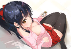Rule 34 | 1girl, black hair, blush, breasts, cellphone, cleavage, clothing cutout, from above, holding, holding phone, large breasts, long hair, looking at viewer, on floor, original, phone, pink sweater, ponytail, red ribbon, red skirt, ribbon, sitting, skirt, smartphone, solo, sweater, thighhighs, wariza, yaegashi nan, yellow eyes