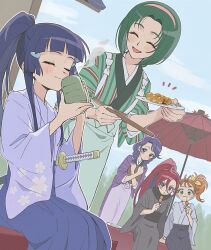 5girls :d ^_^ akimoto_komachi alternate_costume aoki_reika apron black_hakama black_kimono blue_hair blue_hakama blunt_bangs blush bow brown_eyes brown_hair closed_eyes closed_mouth dango drinking dutch_angle food green_apron green_eyes green_hair green_kimono grey_kimono hair_bow hair_ornament hairband hairclip hakama high_ponytail high_side_ponytail highres holding holding_plate japanese_clothes katana kimono multiple_girls natsuumi_manatsu open_mouth pink_hairband plate ponytail precure purple_apron purple_eyes purple_hair purple_kimono red_hair short_hair sidelocks sitting smile striped_clothes striped_kimono suzumura_sango sword takizawa_asuka tropical-rouge!_precure v-shaped_eyebrows wagashi weapon yellow_bow yes!_precure_5 yuzu_sato