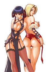 Rule 34 | 2girls, ass, back-to-back, bare shoulders, blonde hair, blue eyes, blue hair, braid, breast hold, breasts squeezed together, breasts, brown eyes, cameltoe, cleavage, dead or alive, dress, elbow gloves, gloves, kamitsuki manmaru, large breasts, latex, latex dress, latex gloves, lei fang, lingerie, multiple girls, pelvic curtain, tecmo, thighhighs, tina armstrong, underwear