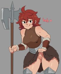 Rule 34 | 1girl, :q, absurdres, axe, bracer, breasts, clothes lift, cowboy shot, dungeon meshi, female pubic hair, fur skirt, grey background, halberd, highres, holding, holding polearm, holding weapon, medium breasts, namari (dungeon meshi), polearm, pubic hair, red hair, sataen, simple background, skirt, skirt lift, sleeveless, solo, tongue, tongue out, weapon
