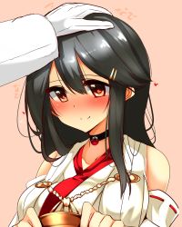 Rule 34 | 10s, 1girl, admiral (kancolle), bad id, bad nicoseiga id, black hair, blush, breasts, choker, detached sleeves, gloves, hair ornament, hairclip, haruna (kancolle), head pat, headpat, highres, kantai collection, large breasts, long hair, no headwear, nontraditional miko, red eyes, simple background, smile, solo focus, tsukui kachou, upper body, white gloves