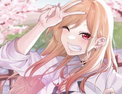 Rule 34 | 1girl, arm up, barbell piercing, black choker, blonde hair, cherry blossoms, choker, collared shirt, ear piercing, earrings, fake nails, grin, highres, jewelry, kitagawa marin, light (lightpicture33), long hair, looking at viewer, one eye closed, outdoors, piercing, pink nails, portrait, red eyes, ring, shirt, signature, smile, solo, sono bisque doll wa koi wo suru, v, white shirt