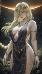 Rule 34 | 1girl, armlet, artist name, bare hips, bare shoulders, black dress, blonde hair, blush, bracelet, braid, breasts, cleavage, collarbone, commentary, cowboy shot, curvy, dated, dress, elden ring, english commentary, floral print, halter dress, halterneck, highres, jewelry, large breasts, lips, long hair, looking at viewer, midriff, narrow waist, necklace, no bra, no panties, nose blush, plunging neckline, queen, queen marika the eternal, realistic, revealing clothes, sciamano240, signature, sleeveless, solo, standing, thick lips, thighs, tiara, wide hips, yellow eyes
