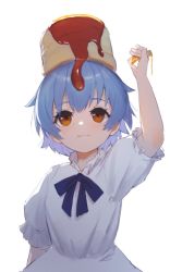 Rule 34 | 1girl, arm behind back, arm up, blue hair, bow, brown eyes, closed mouth, dripping, food, food on hair, food on head, frills, grey background, hara shoutarou, holding, honey, light blue hair, looking up, object on head, original, pancake, red bow, short hair, simple background, smile, solo, syrup, white background