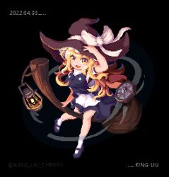 Rule 34 | 1girl, artist name, black background, black footwear, black hat, blonde hair, bow, broom, broom riding, dated, full body, hand on headwear, hat, hat bow, king liu, kirisame marisa, lamp, long hair, looking at viewer, open mouth, pixel art, simple background, solo, touhou, white bow, white legwear, witch hat, yellow eyes