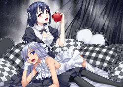 Rule 34 | 2girls, :d, apple, arm support, bare shoulders, black legwear, blue hair, colored eyelashes, dress, female focus, food, frilled pillow, frills, fruit, gloves, h kasei, half updo, holding, long hair, looking at viewer, lying, multiple girls, on lap, on stomach, open mouth, original, pantyhose, partially colored, pillow, red eyes, short hair, silver hair, sleeveless, sleeveless dress, smile, thighhighs, white gloves, white legwear, zettai ryouiki