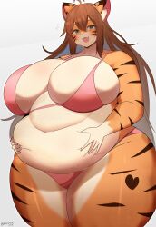 Rule 34 | 1girl, absurdres, ahoge, animal ears, animal print, belly grab, bikini, blush, breasts, brown hair, cleavage, fangs, fat, female focus, furry, furry female, gradient background, green eyes, grey background, heart, heart marking, highres, huge breasts, kyuuri, long hair, looking at viewer, navel, open mouth, pink bikini, shiny clothes, shiny skin, smile, solo, sweat, swimsuit, thick thighs, thighs, tiger ears, tiger girl, tiger print, wide hips