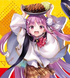 Rule 34 | 1girl, black hat, curry, curry rice, double bun, food, gomi chihiro, hair bun, hat, heaven burns red, katsudon (food), kunimi tama, long hair, long sleeves, looking at viewer, military hat, open mouth, pink eyes, pink hair, plaid, plaid skirt, plate on head, ribbon, rice, shirt, skirt, solo, two side up, very long hair, white shirt