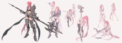Rule 34 | 1girl, armor, bikini, black bikini, black thighhighs, bra, character sheet, closed eyes, closed mouth, collarbone, dressing, eyeshadow, gradient background, greaves, grey background, heart, highres, holding, holding polearm, holding spear, holding weapon, long hair, makeup, multiple views, original, panties, pauldrons, pink eyes, pink eyeshadow, pink hair, polearm, shoulder armor, sitting, spear, standing, swimsuit, thighhighs, thinking, trident, underwear, undressing, vambraces, very long hair, weapon, yuho kim