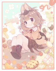 Rule 34 | 1girl, :t, amakawa tamawo, animal ear fluff, animal ears, backpack, bag, bloomers, blush, boots, brown dress, brown eyes, brown footwear, brown hair, brown skirt, cake, cardigan, carrot, closed mouth, collared shirt, doughnut, dress, eating, food, food art, food on face, fork, fruit, full body, highres, holding, holding fork, jacket, light brown hair, long hair, long sleeves, looking at viewer, omelet, onigiri, open clothes, original, plaid, rabbit ears, rice, sample watermark, shirt, signature, sitting, skirt, solo, spoon, squirrel (jjjjmmn err), strawberry, tail, thick eyebrows, underwear, very long hair, watermark