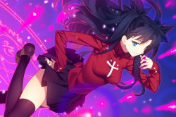 Rule 34 | 1girl, :d, black hair, black ribbon, black skirt, black thighhighs, blue eyes, fate/stay night, fate (series), gem, hair ribbon, hand on own hip, leg up, light particles, long hair, looking at viewer, magic circle, open mouth, parted bangs, pleated skirt, red sweater, ribbon, shoes, skirt, smile, solo, sweater, thighhighs, tohsaka rin, turtleneck, turtleneck sweater, two side up, yangsion, zettai ryouiki