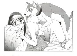 Rule 34 | 1girl, all fours, bestiality, blush, breasts, character request, clothed sex, dog, doggystyle, hayashibara hikari, hetero, highres, interspecies, monochrome, panties around leg, ranma 1/2, sex, sex from behind, tagme