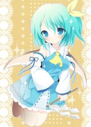 Rule 34 | 1girl, blue eyes, blush, breasts, daiyousei, detached sleeves, female focus, gohei, green hair, hair ribbon, japanese clothes, kokorominton, miko, ribbon, short hair, side ponytail, sleeves past wrists, smile, solo, sparkle, touhou, wings