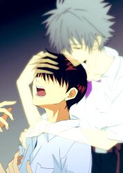 Rule 34 | 2boys, arm around neck, arms up, belt, belt buckle, black belt, black pants, brown hair, buckle, closed eyes, closed mouth, collared shirt, commentary, ghost, gradient background, grey hair, hair over eyes, hand on another&#039;s head, highres, hug, ikari shinji, male focus, multiple boys, nagisa kaworu, neon genesis evangelion, open clothes, open mouth, open shirt, pants, purple shirt, shirt, shirt tucked in, short sleeves, teeth, tongue, tousok, undershirt, white shirt, yaoi