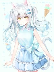 Rule 34 | 1girl, :o, animal ear fluff, animal ears, bad id, bad pixiv id, bare arms, blue background, blue bow, blue hair, blue shirt, blue skirt, bow, cat ears, cat girl, cat tail, collared shirt, cup, double scoop, drinking glass, food, frilled skirt, frills, gradient hair, hair between eyes, hair bow, highres, ice cream, layered skirt, looking at viewer, multicolored hair, murano, original, parted lips, pleated skirt, shirt, skirt, solo, striped, striped bow, tail, twintails, white bow, white hair, yellow eyes