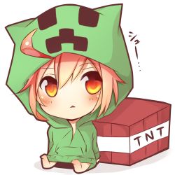 Rule 34 | 1girl, :&lt;, ahoge, blush, chibi, creeparka, creeper, explosive, highres, minecraft, personification, red eyes, red hair, simple background, solo, tnt, tnt block (minecraft), tosura-ayato, white background, yellow eyes