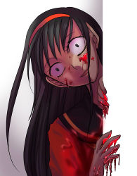 Rule 34 | 1girl, amagi yukiko, atlus, bad id, bad pixiv id, black hair, blood, blood on face, blood on hands, constricted pupils, crazy eyes, creepy, hairband, horror (theme), long hair, lowres, open mouth, peeking out, persona, persona 4, simple background, solo, yandere