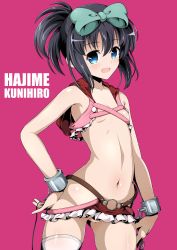 Rule 34 | 1girl, bare shoulders, black hair, blue eyes, blush, bow, character name, cuffs, flat chest, hair between eyes, hair bow, hand on own hip, highres, hip vent, kunihiro hajime, looking at viewer, magenta background, navel, no panties, open mouth, pink background, ponytail, pussy, revealing clothes, saki (manga), shiny skin, short hair, simple background, single thighhigh, skirt, smile, solo, standing, star (symbol), thighhighs, xiao rui rui