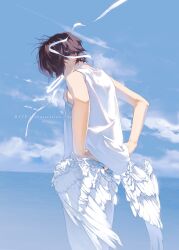 Rule 34 | 1boy, black hair, blue sky, cloud, cloudy sky, cowboy shot, day, facing down, feathered wings, from side, hair over eyes, halo, hand under clothes, highres, horizon, long bangs, low wings, male focus, mouth hold, ocean, original, outdoors, pants, revision, rido (ridograph), shirt, short hair, sky, sleeveless, sleeveless shirt, solo, water, white pants, white wings, wings
