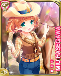Rule 34 | 1girl, :d, blonde hair, bow, brown vest, card (medium), cowboy clothes, cowboy hat, day, denim, denim jeans, girlfriend (kari), green eyes, hasegawa miu, hat, horse, looking at viewer, official art, open mouth, outdoors, qp:flapper, shirt, short hair, smile, solo, standing, tagme, vest, yellow shirt