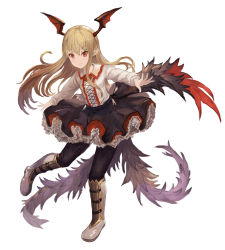 Rule 34 | 10s, 1girl, ame sagari, bat wings, black skirt, blonde hair, blush, fang, flower, frilled skirt, frills, granblue fantasy, head wings, long hair, long sleeves, outstretched arms, pointy ears, red eyes, red rose, rose, shirt, skirt, smile, solo, spread arms, vampire, vampy, white shirt, wings