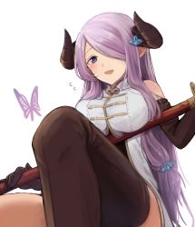 Rule 34 | 10s, 1girl, :d, arisuke (natuyan), bare shoulders, black gloves, black thighhighs, blue eyes, blush, breasts, bug, butterfly, draph, elbow gloves, flying sweatdrops, gloves, granblue fantasy, hair ornament, hair over one eye, highres, holding, holding sword, holding weapon, horns, insect, katana, large breasts, long hair, low-tied long hair, narmaya (granblue fantasy), open mouth, purple hair, simple background, single thighhigh, smile, solo, sword, thighhighs, very long hair, weapon, white background, zettai ryouiki