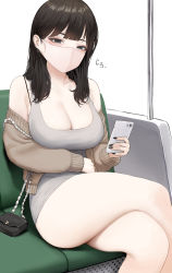 Rule 34 | 1girl, absurdres, bag, bare shoulders, black eyes, black hair, black nails, blunt bangs, breasts, cardigan, cellphone, commentary request, crossed legs, dress, ear piercing, earrings, grey dress, handbag, highres, jewelry, korean commentary, large breasts, long hair, mask, mochirong, mole, mole above eye, mole on breast, mole on neck, mouth mask, multiple moles, nail polish, off shoulder, original, phone, piercing, short dress, sitting, smartphone, solo, thighs
