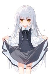 Rule 34 | 1girl, black dress, brown eyes, bunny girl (yuuhagi (amaretto-no-natsu)), closed mouth, collared shirt, commentary request, dress, grey hair, long hair, long sleeves, looking at viewer, original, shirt, simple background, skirt hold, sleeveless, sleeveless dress, solo, standing, very long hair, white background, white shirt, yuuhagi (amaretto-no-natsu)