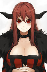 Rule 34 | 10s, 1girl, blush, breasts, choker, cleavage, demon girl, dress, fur trim, own hands clasped, horns, large breasts, long hair, looking at viewer, maou (maoyuu), maoyuu maou yuusha, miruto netsuki, own hands together, red eyes, red hair, smile, solo