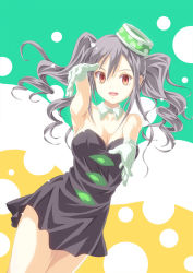 Rule 34 | 1girl, :d, bare shoulders, black dress, breasts, brown eyes, cleavage, collar, commentary request, detached collar, dress, dutch angle, gloves, green headwear, grey hair, idolmaster, idolmaster cinderella girls, kanzaki ranko, long hair, looking at viewer, medium breasts, minasato hibiki, open mouth, outstretched arms, polka dot headwear, short dress, sleeveless, sleeveless dress, smile, solo, tilted headwear, white collar, white gloves