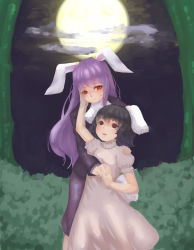 Rule 34 | 2girls, absurdres, age difference, animal ears, arm up, behind another, black hair, blazer, bush, child, cloud, cowboy shot, dress, faux traditional media, full moon, hand on another&#039;s cheek, hand on another&#039;s face, hand on another&#039;s shoulder, high collar, highres, holding hands, inaba tewi, interlocked fingers, jacket, long hair, long sleeves, looking at another, looking down, looking up, moon, multiple girls, night, onee-loli, open mouth, outdoors, pink dress, puffy short sleeves, puffy sleeves, purple hair, purple skirt, rabbit ears, rabbit girl, rabbit tail, red eyes, reisen udongein inaba, short hair, short sleeves, skirt, smile, standing, tail, tan liao, touhou, tree, yuri